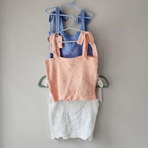 FOREVER 21 Smocked Crop Tops | SET OF 3 | Medium | Bow Tie Straps NWT White Blue